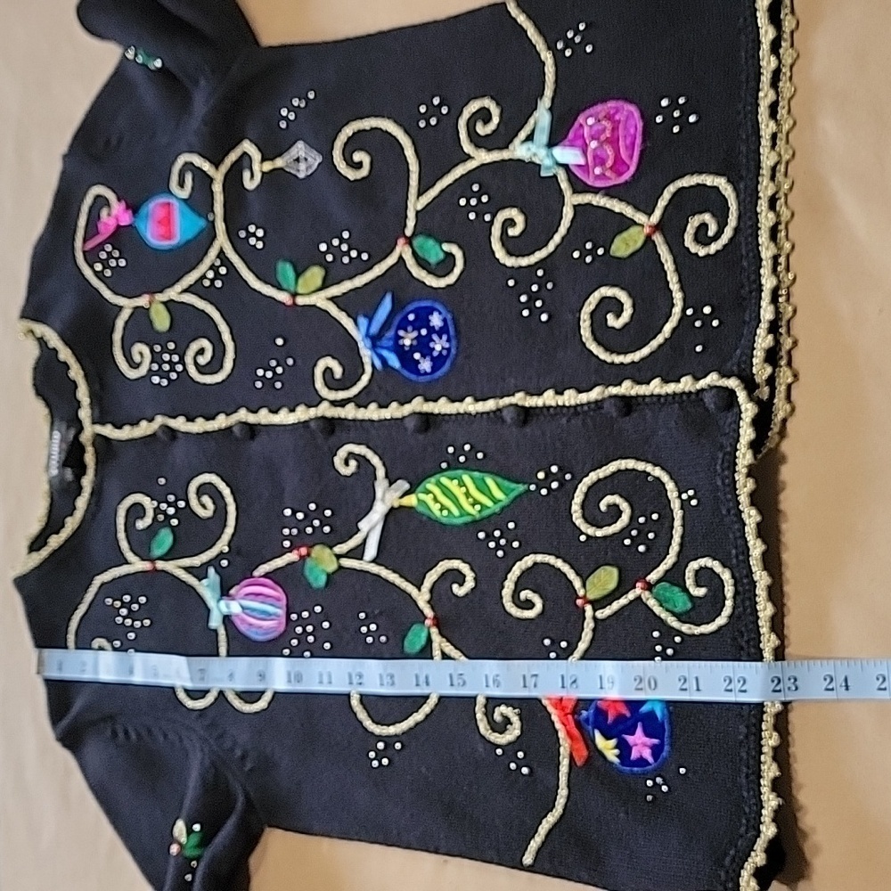 Designers Originals Studio JOY Size M Black Ugly Christmas Sweater w/Ornaments - Picture 9 of 12
